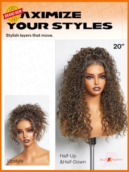 Curly Brown Highlight Lace Front Wig Glueless Pre Plucked Synthetic Hair 20 Inch